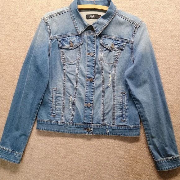 EARL Jean Denim Light Medium Wash Blue Jacket Button-Up Women's MEDIUM Distress - Picture 4 of 7